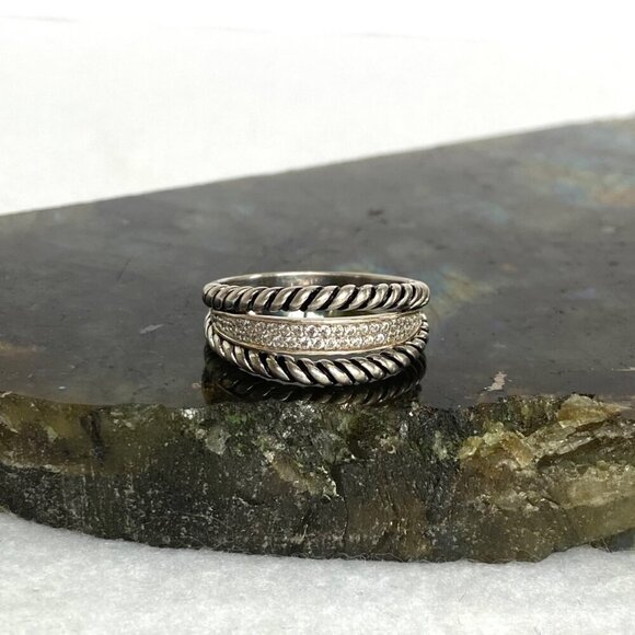 Sterling Silver 925 Gold Accent 2 Row Cubic Zirconia CZ Rope Band Ring Sz 7.75 - Picture 2 of 16